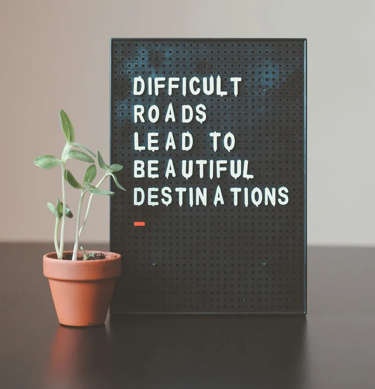 A sign reading "difficult roads lead to beautiful destinations" beside a young plant, representing recovery after an auto accident